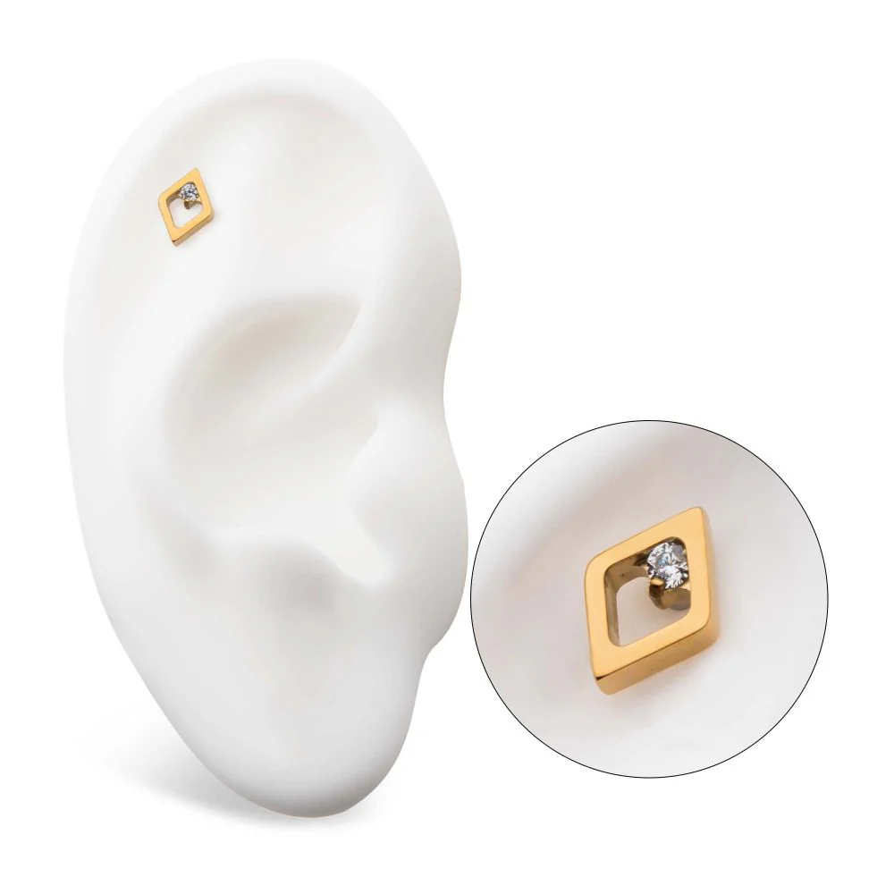 24Kt Gold PVD Titanium Internally Threaded Rhombus Shape with Clear CZ Top - Image 4
