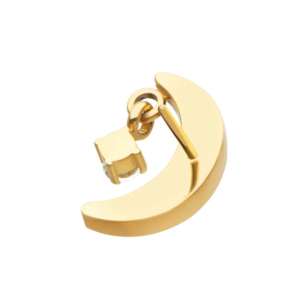 24Kt Gold PVD Titanium Threadless Crescent Moon CZ Top with Dangle Pronged Round CZ - Image 3
