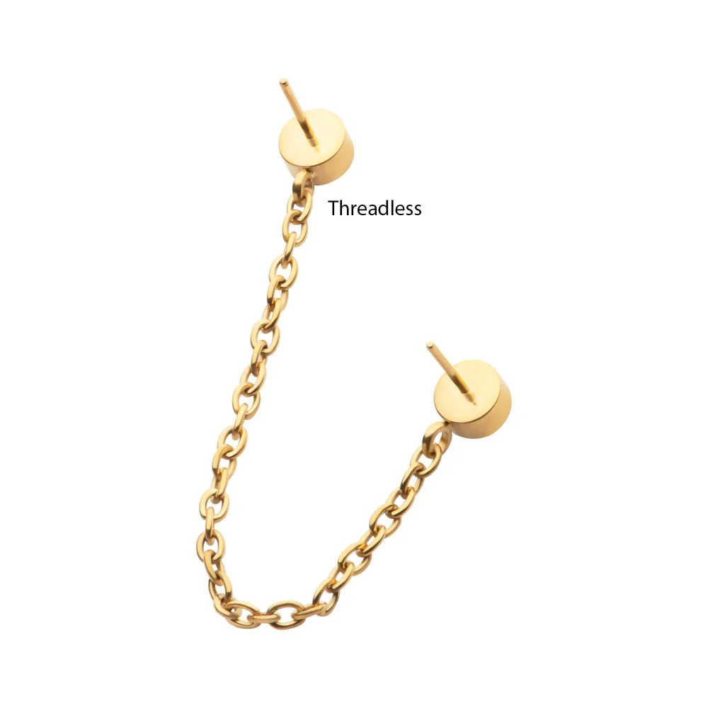 24Kt Gold PVD Titanium Threadless Duo Bezel Round CZ with Rolo Chain Dangle Tops - Image 3