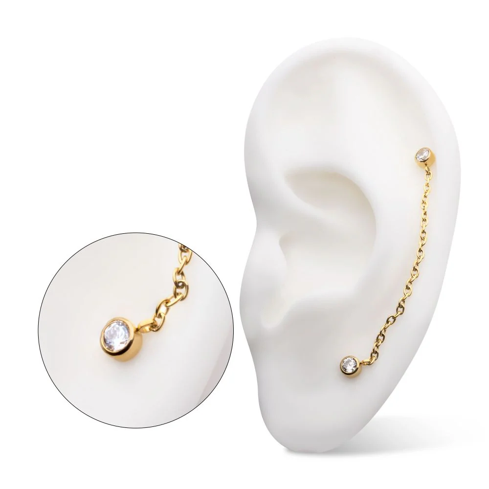 24Kt Gold PVD Titanium Threadless Duo Bezel Round CZ with Rolo Chain Dangle Tops - Image 4